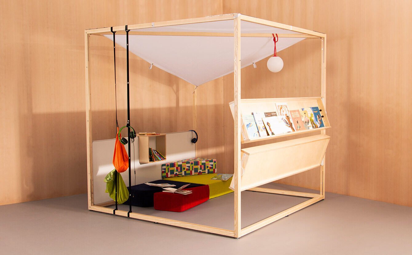 A modular Room Cube, offering endless possibilities for children's activities, from a cozy nook to an experimental lab.