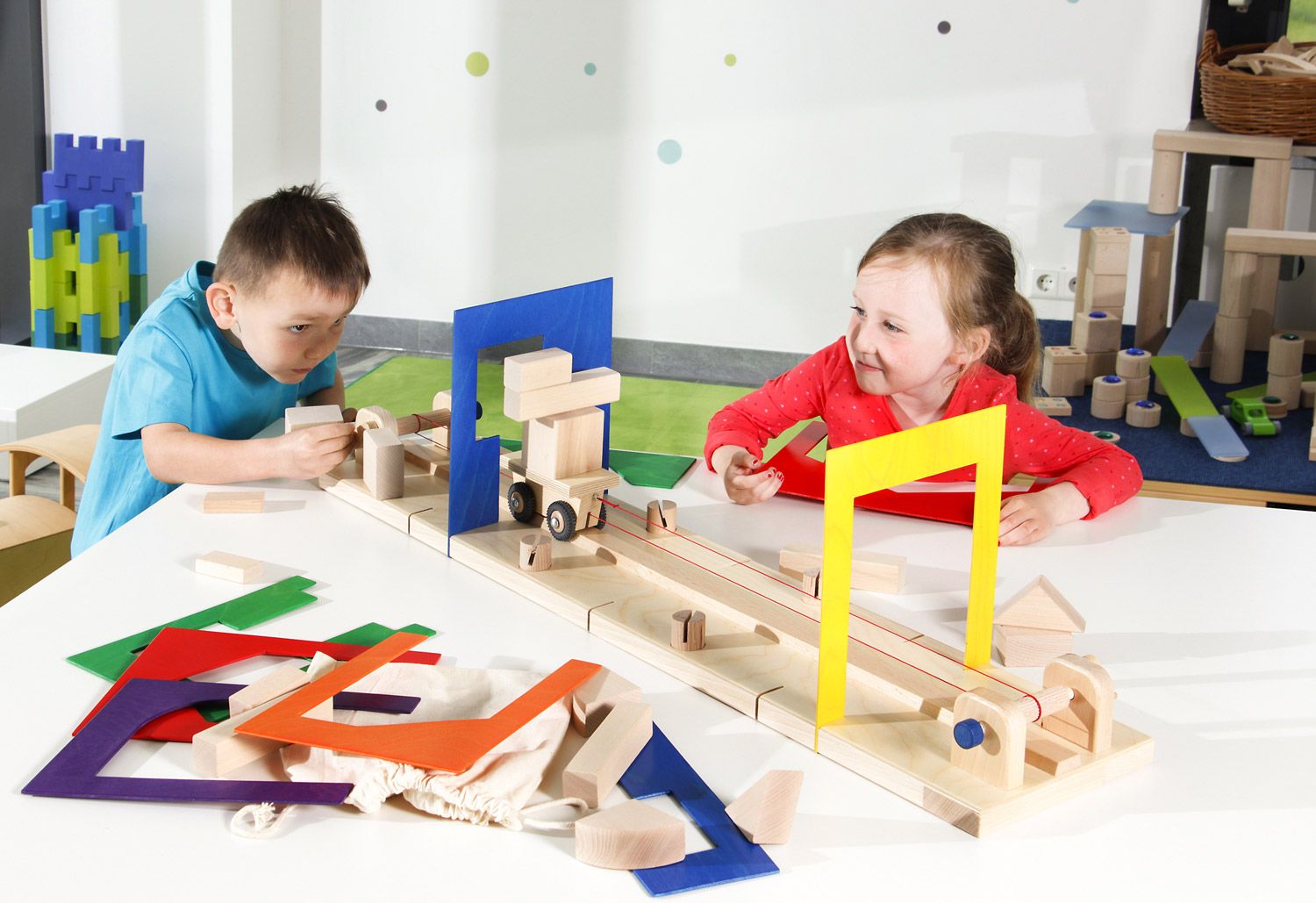 Children practicing problem-solving with educational tools.