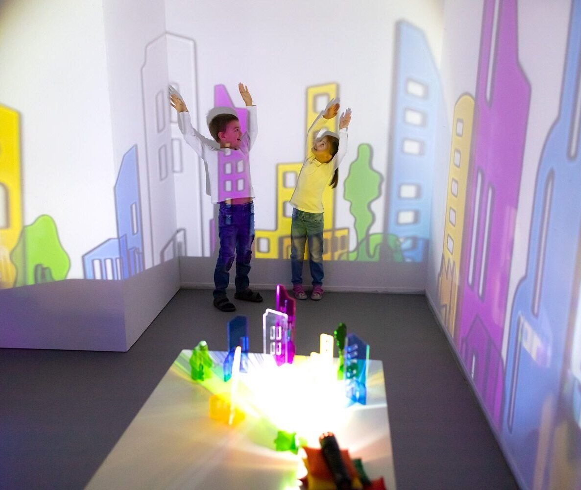 Colourful light effects created using light projectors and filters.